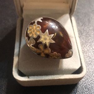 Alan K designer signed Brown and sterling silver flower ring